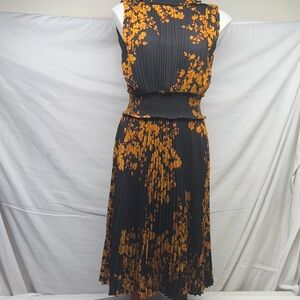 Nanette Lepore Black and Orange Floral Pleated Dress